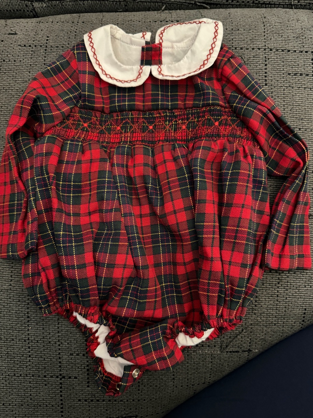 Edgehill Collection Red and Green Plaid Baby bubble with White Peter Pan collar